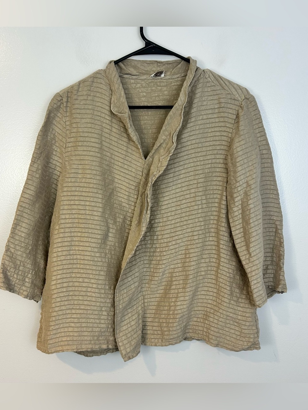 Poetry Taupe Silk/Hemp Blend Lighweight Ruffle Striped Pullover Blouse Size 10